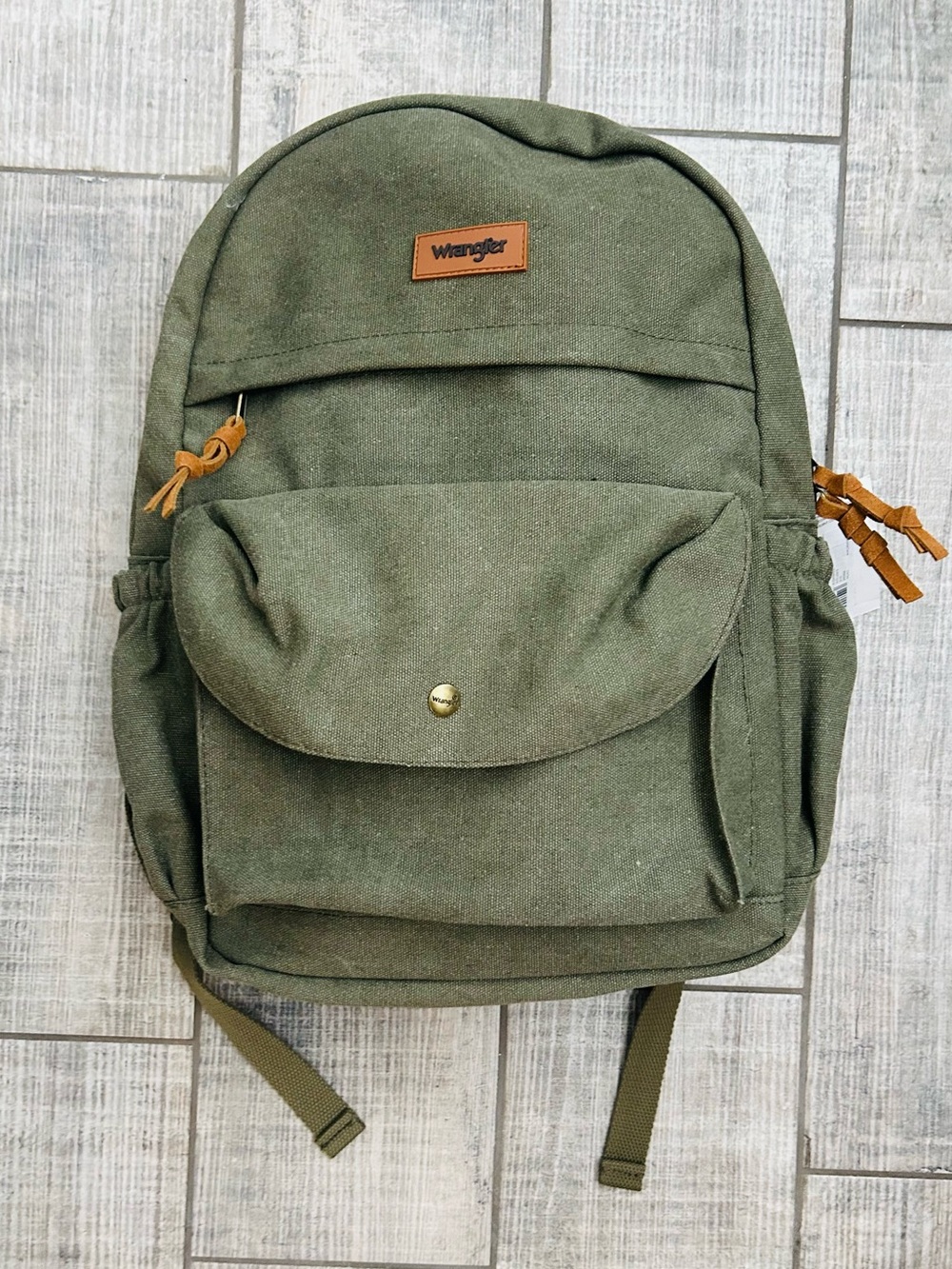 17” Wrangler Olive Washed Canvas Laptop Backpack w/ Brown Accents NWT